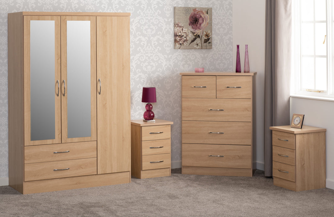 Nevada 3 Door 2 Drawer Mirrored Wardrobe Bedroom Set – Sonoma Oak Effect
