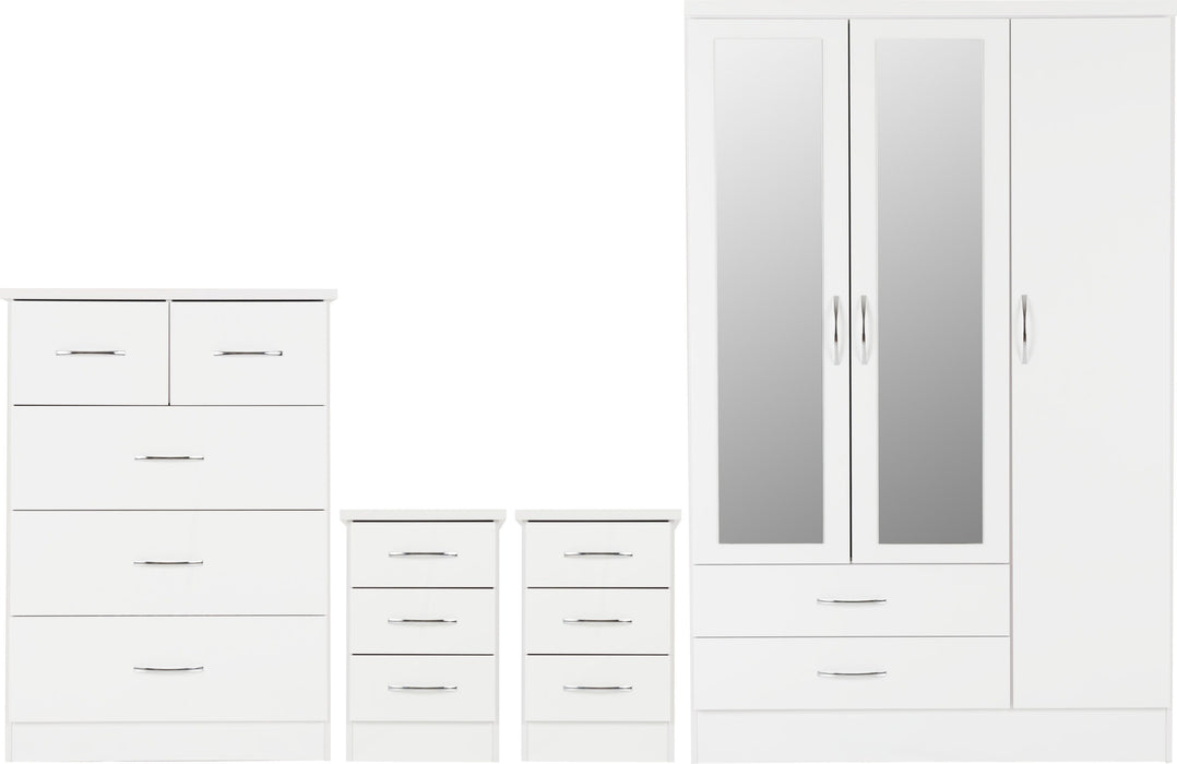 Nevada 3 Door 2 Drawer Mirrored Wardrobe Bedroom Set – White Gloss