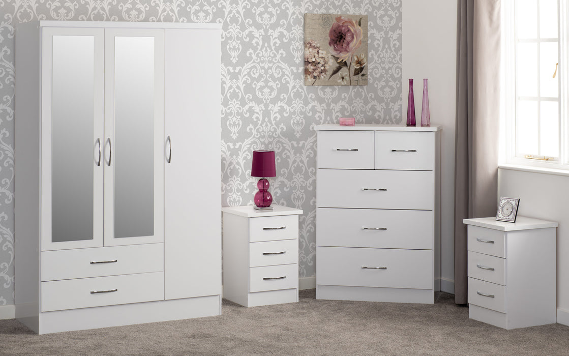 Nevada 3 Door 2 Drawer Mirrored Wardrobe Bedroom Set – White Gloss