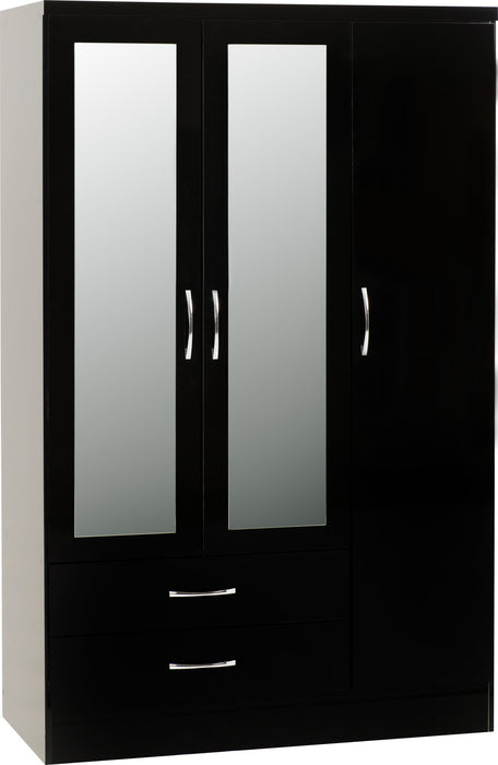 Nevada 3 Door 2 Drawer Mirrored Wardrobe – Black Gloss