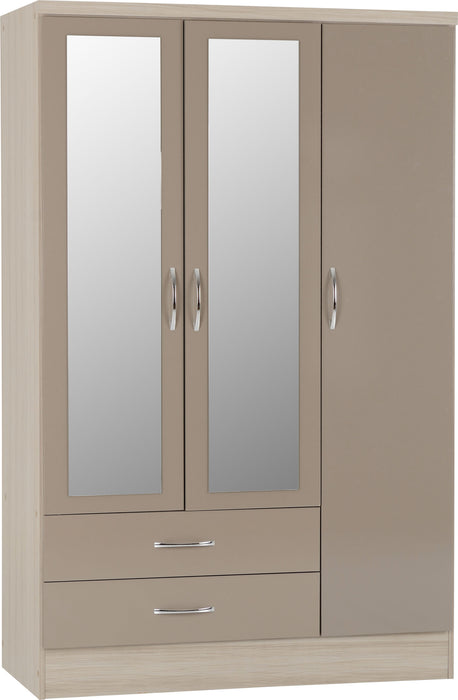Nevada 3 Door 2 Drawer Mirrored Wardrobe – Oyster Gloss/Light Oak Effect Veneer