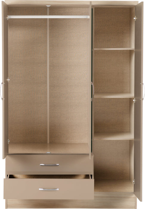 Nevada 3 Door 2 Drawer Mirrored Wardrobe – Oyster Gloss/Light Oak Effect Veneer