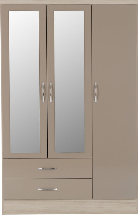 Nevada 3 Door 2 Drawer Mirrored Wardrobe – Oyster Gloss/Light Oak Effect Veneer