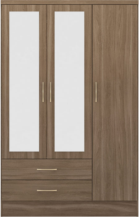 Nevada 3 Door 2 Drawer Mirrored Wardrobe – Rustic Oak Effect