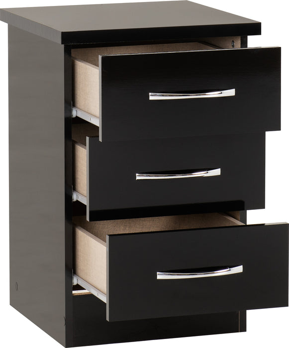 Nevada 3 Drawer Bedside Table - Black Gloss