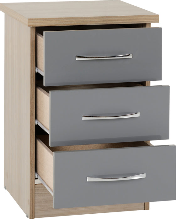 Nevada 3 Drawer Bedside Table – Grey Gloss/Light Oak Effect Veneer