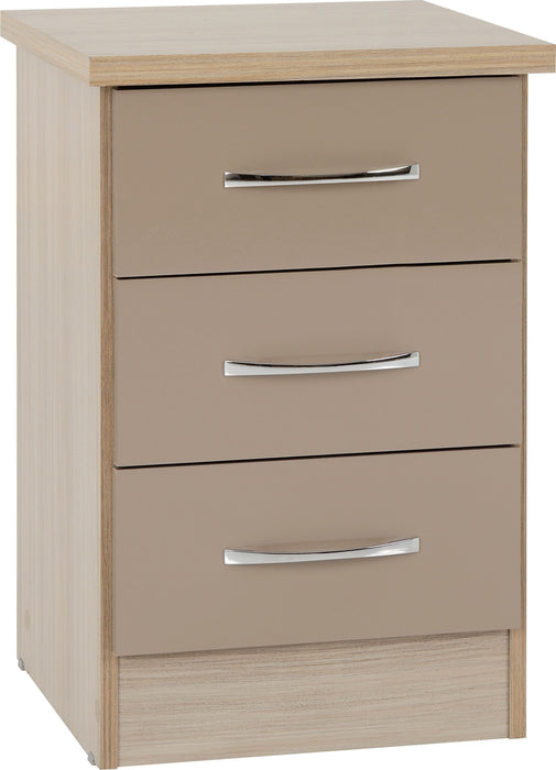 Nevada 3 Drawer Bedside Table – Oyster Gloss/Light Oak Effect Veneer