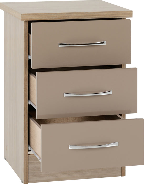 Nevada 3 Drawer Bedside Table – Oyster Gloss/Light Oak Effect Veneer