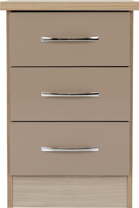 Nevada 3 Drawer Bedside Table – Oyster Gloss/Light Oak Effect Veneer