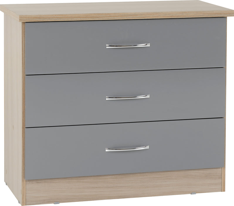 Nevada 3 Drawer Chest - Grey Gloss / Light Oak Veneer