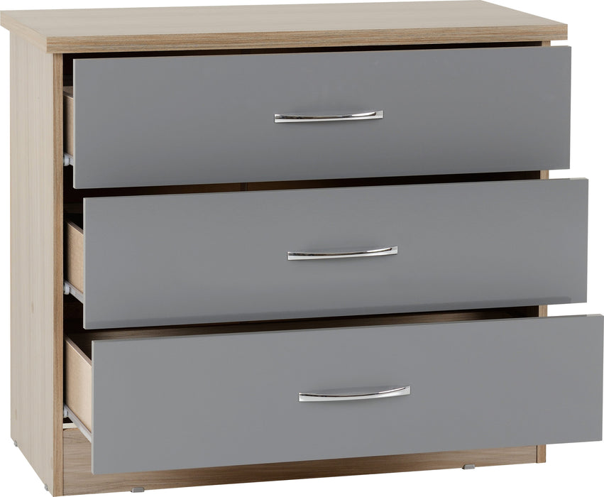 Nevada 3 Drawer Chest - Grey Gloss / Light Oak Veneer