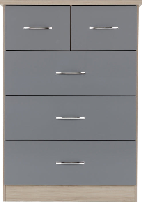 Nevada 3+2 Drawer Chest – Grey Gloss / Light Oak Effect Veneer