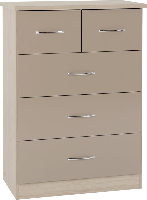 Nevada 3+2 Drawer Chest – Oyster Gloss / Light Oak Effect Veneer