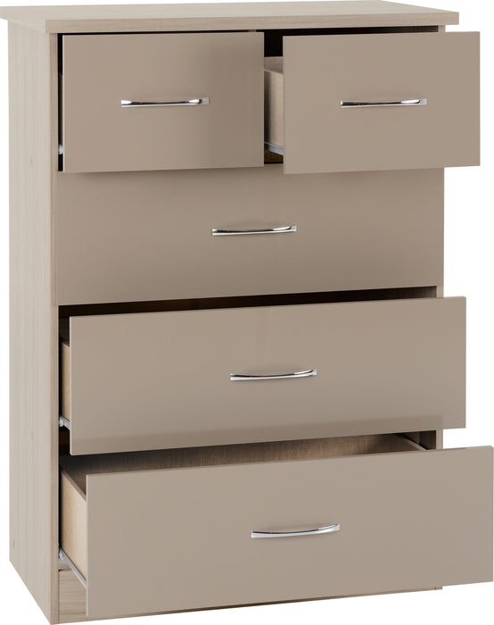 Nevada 3+2 Drawer Chest – Oyster Gloss / Light Oak Effect Veneer