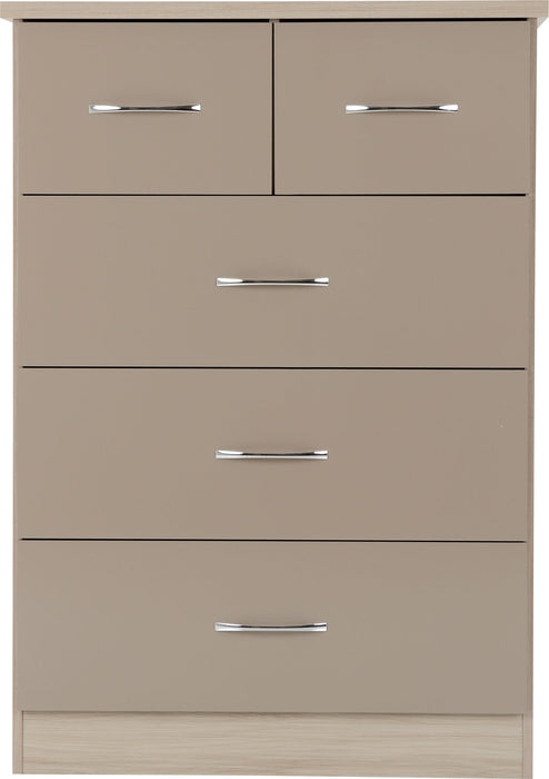 Nevada 3+2 Drawer Chest – Oyster Gloss / Light Oak Effect Veneer
