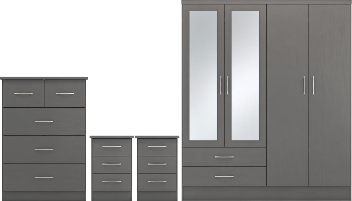 Nevada 4 Door 2 Drawer Mirrored Wardrobe Bedroom Set – 3D Effect Grey
