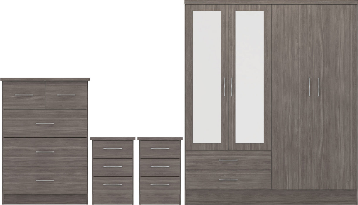 Nevada 4 Door 2 Drawer Mirrored Wardrobe Bedroom Set – Black Wood Grain