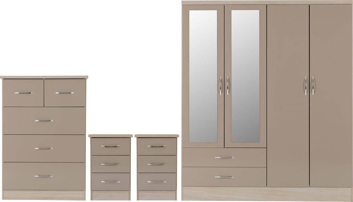 Nevada 4 Door 2 Drawer Mirrored Wardrobe Bedroom Set – Oyster Gloss / Light Oak Effect Veneer