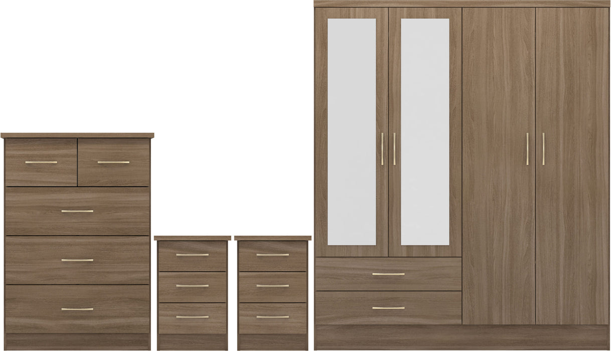 Nevada 4 Door 2 Drawer Mirrored Wardrobe Bedroom Set – Rustic Oak Effect