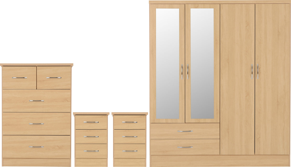 Nevada 4 Door 2 Drawer Mirrored Wardrobe Bedroom Set – Sonoma Oak Effect