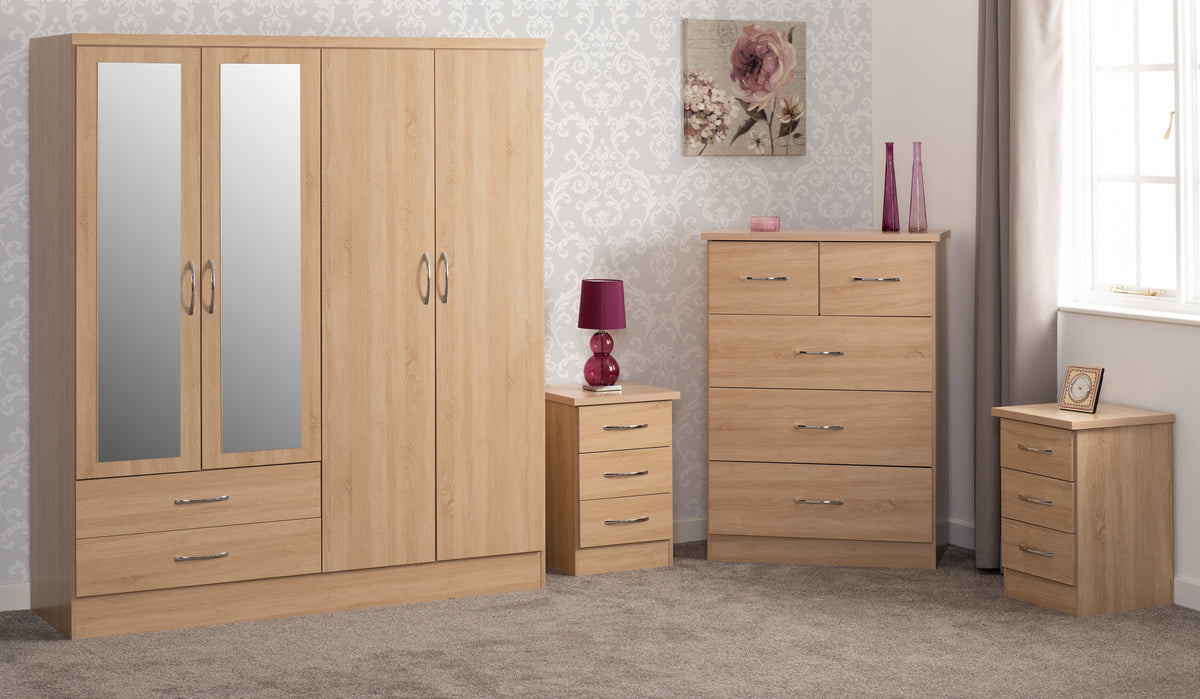 Nevada 4 Door 2 Drawer Mirrored Wardrobe Bedroom Set – Sonoma Oak Effect
