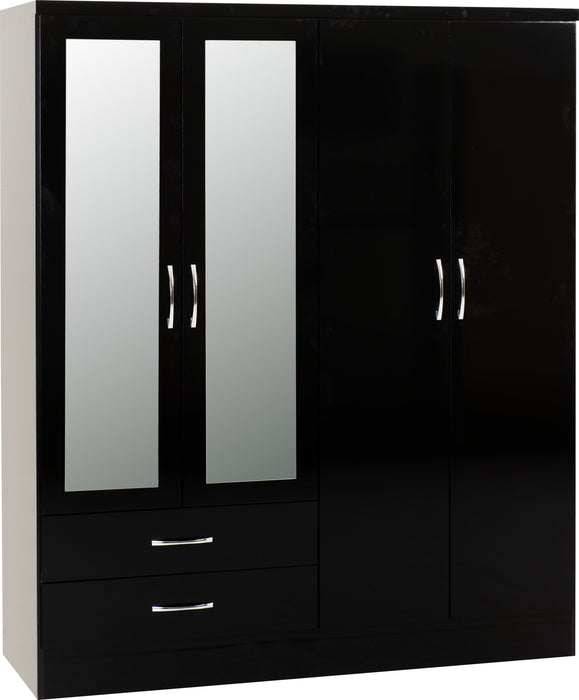 Nevada 4 Door 2 Drawer Mirrored Wardrobe – Black Gloss