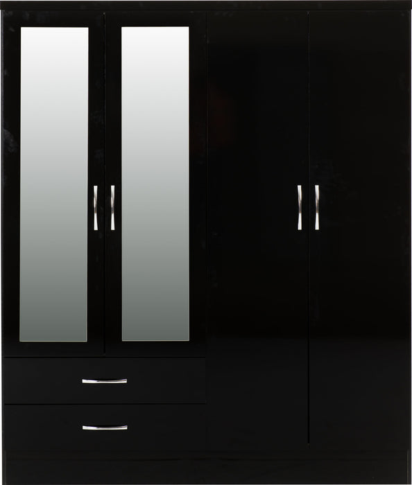 Nevada 4 Door 2 Drawer Mirrored Wardrobe – Black Gloss