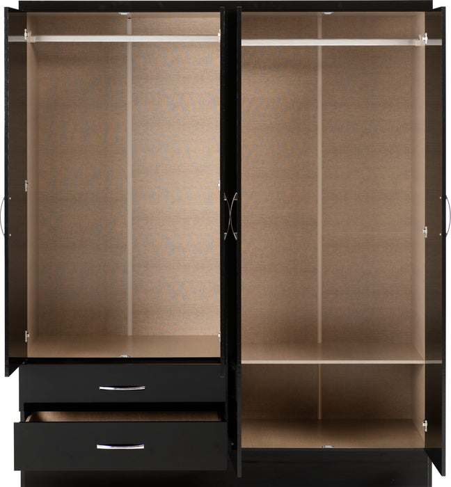 Nevada 4 Door 2 Drawer Mirrored Wardrobe – Black Gloss
