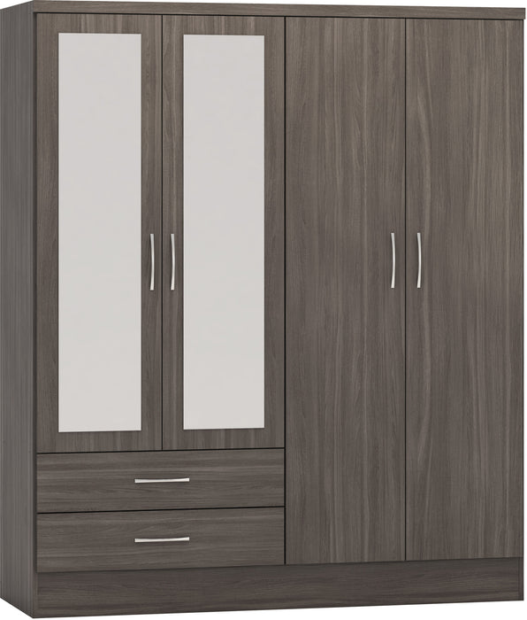 Nevada 4 Door 2 Drawer Mirrored Wardrobe – Black Wood Grain