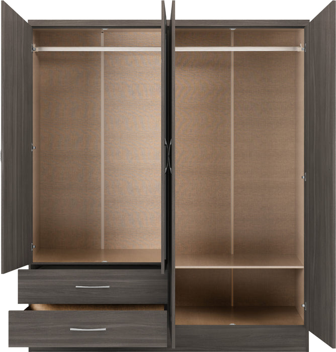 Nevada 4 Door 2 Drawer Mirrored Wardrobe – Black Wood Grain
