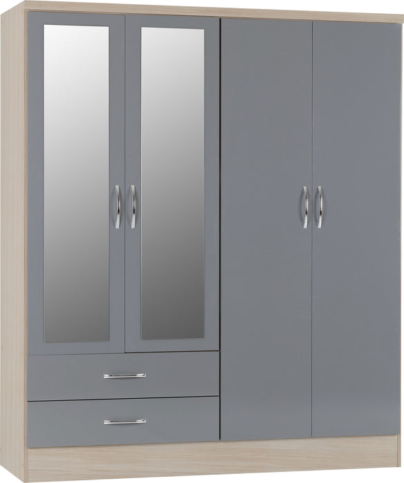 Nevada 4 Door 2 Drawer Mirrored Wardrobe - Grey Gloss/Light Oak Effect Veneer