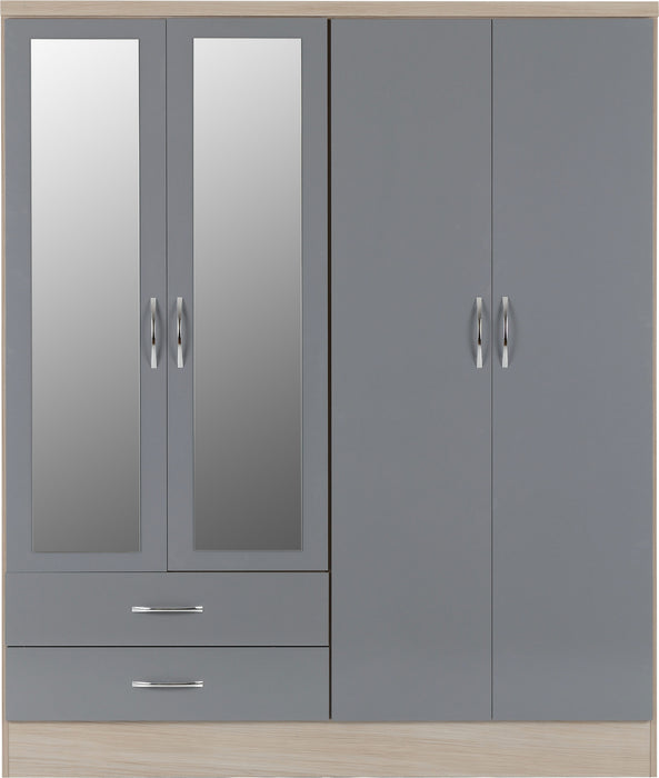 Nevada 4 Door 2 Drawer Mirrored Wardrobe - Grey Gloss/Light Oak Effect Veneer