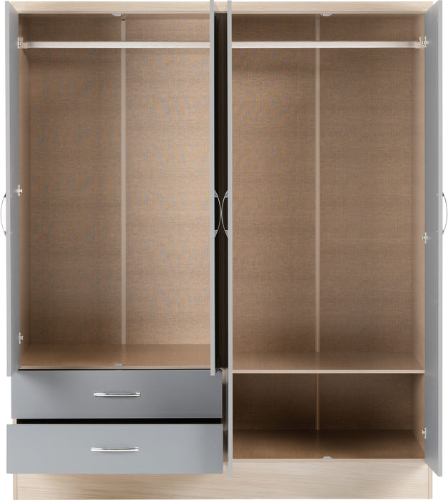 Nevada 4 Door 2 Drawer Mirrored Wardrobe - Grey Gloss/Light Oak Effect Veneer