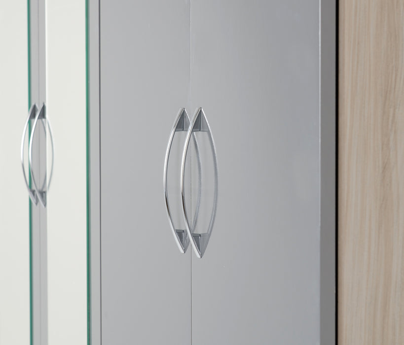 Nevada 4 Door 2 Drawer Mirrored Wardrobe - Grey Gloss/Light Oak Effect Veneer