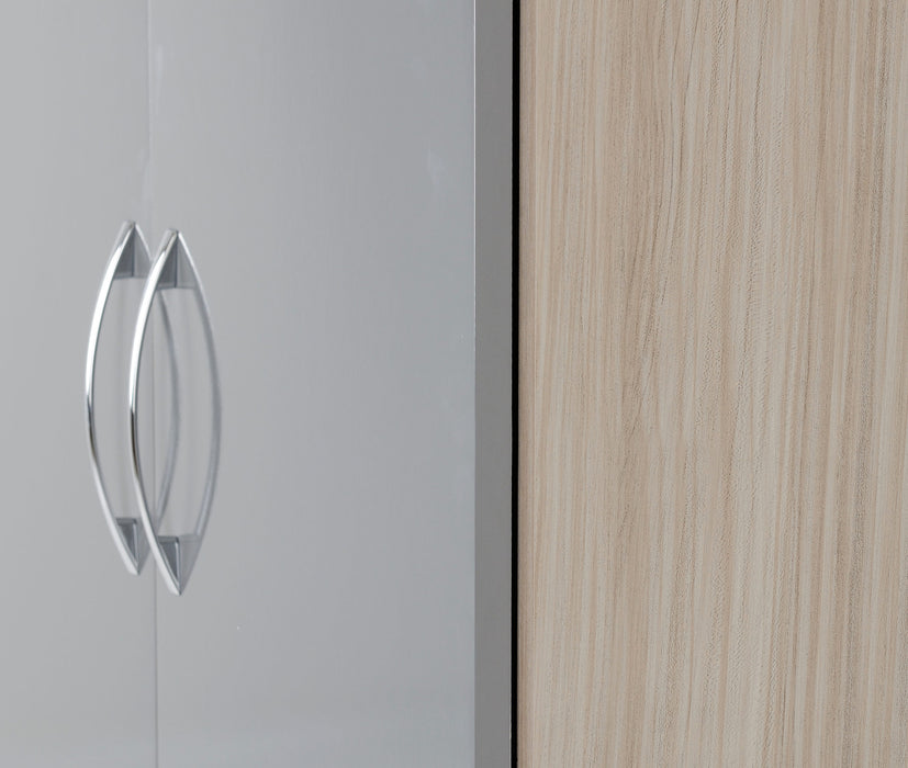 Nevada 4 Door 2 Drawer Mirrored Wardrobe - Grey Gloss/Light Oak Effect Veneer