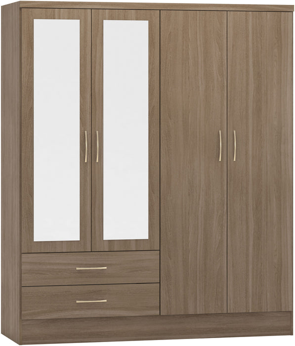 Nevada 4 Door 2 Drawer Mirrored Wardrobe – Rustic Oak Effect