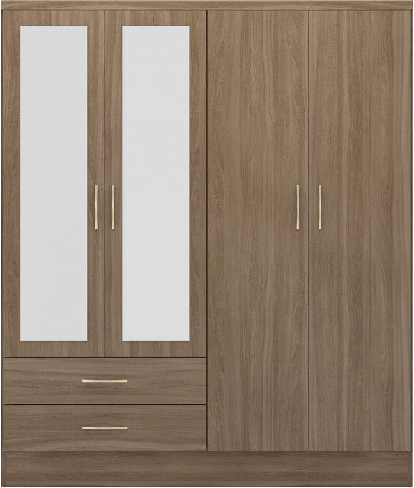 Nevada 4 Door 2 Drawer Mirrored Wardrobe – Rustic Oak Effect