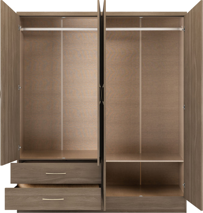 Nevada 4 Door 2 Drawer Mirrored Wardrobe – Rustic Oak Effect