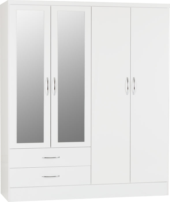 Nevada 4 Door 2 Drawer Mirrored Wardrobe – White Gloss