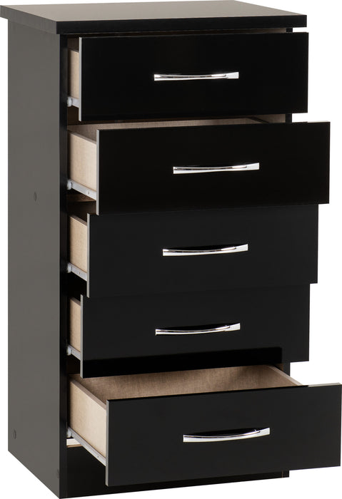 Nevada 5 Drawer Narrow Chest – Black Gloss