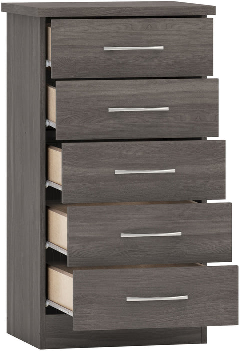 Nevada 5 Drawer Narrow Chest – Black Wood Grain