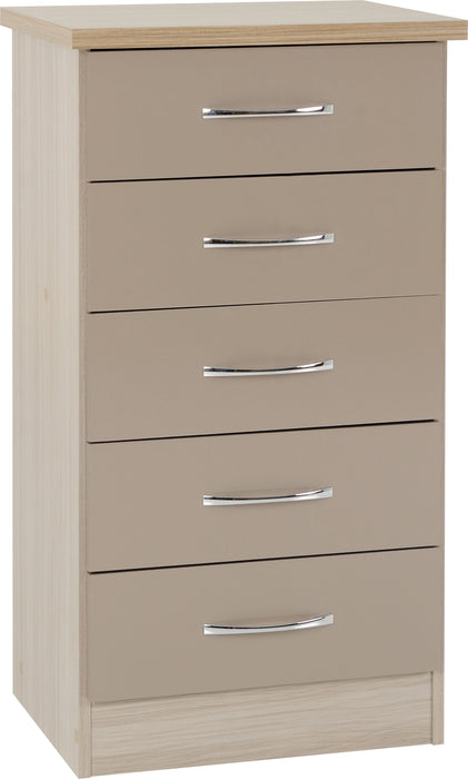 Nevada 5 Drawer Narrow Chest – Oyster Gloss / Light Oak Effect Veneer