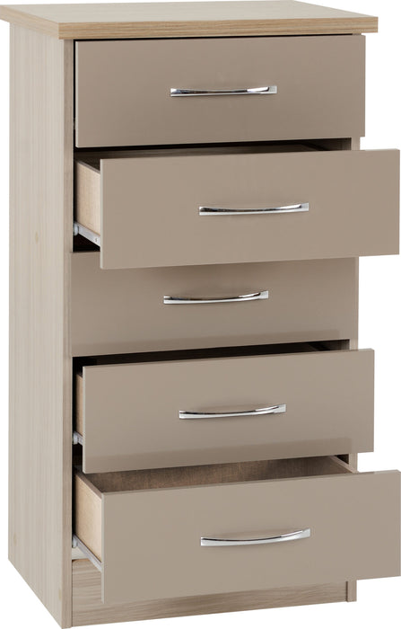 Nevada 5 Drawer Narrow Chest – Oyster Gloss / Light Oak Effect Veneer