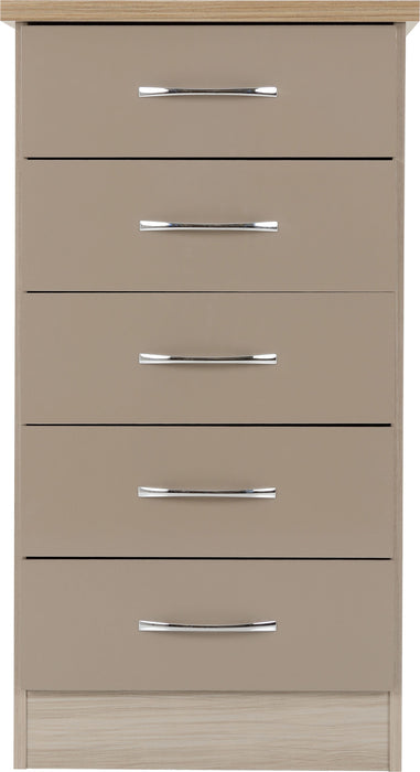 Nevada 5 Drawer Narrow Chest – Oyster Gloss / Light Oak Effect Veneer