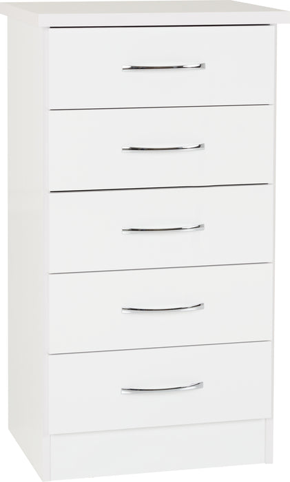 Nevada 5 Drawer Narrow Chest – White Gloss