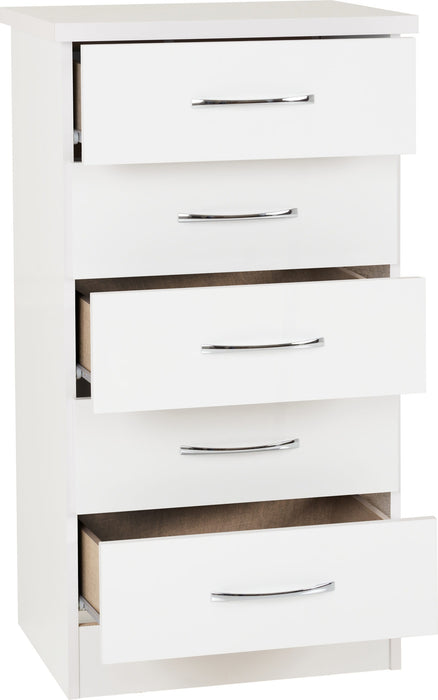 Nevada 5 Drawer Narrow Chest – White Gloss
