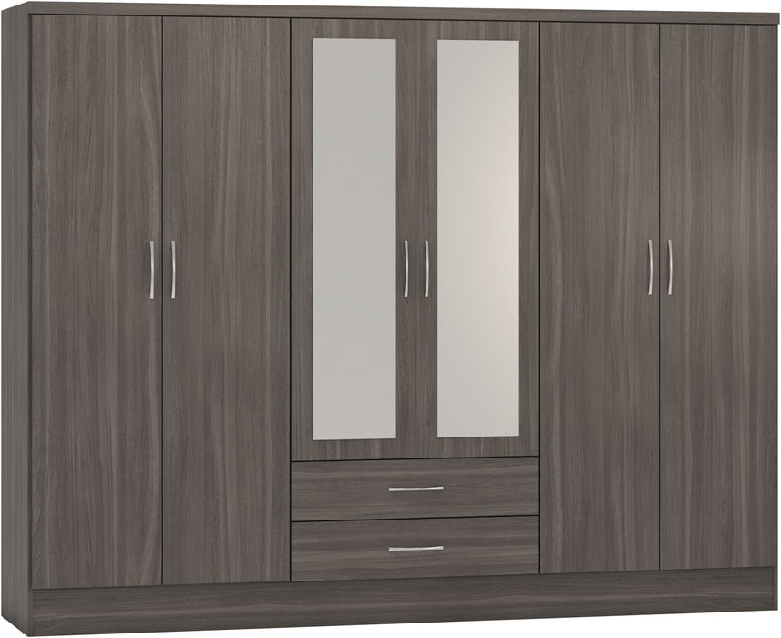 Nevada 6 Door 2 Drawer Mirrored Wardrobe – Black Wood Grain
