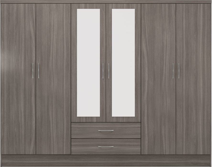 Nevada 6 Door 2 Drawer Mirrored Wardrobe – Black Wood Grain