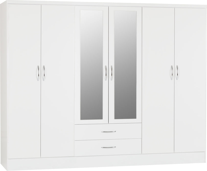 Nevada 6 Door 2 Drawer Mirrored Wardrobe – White Gloss