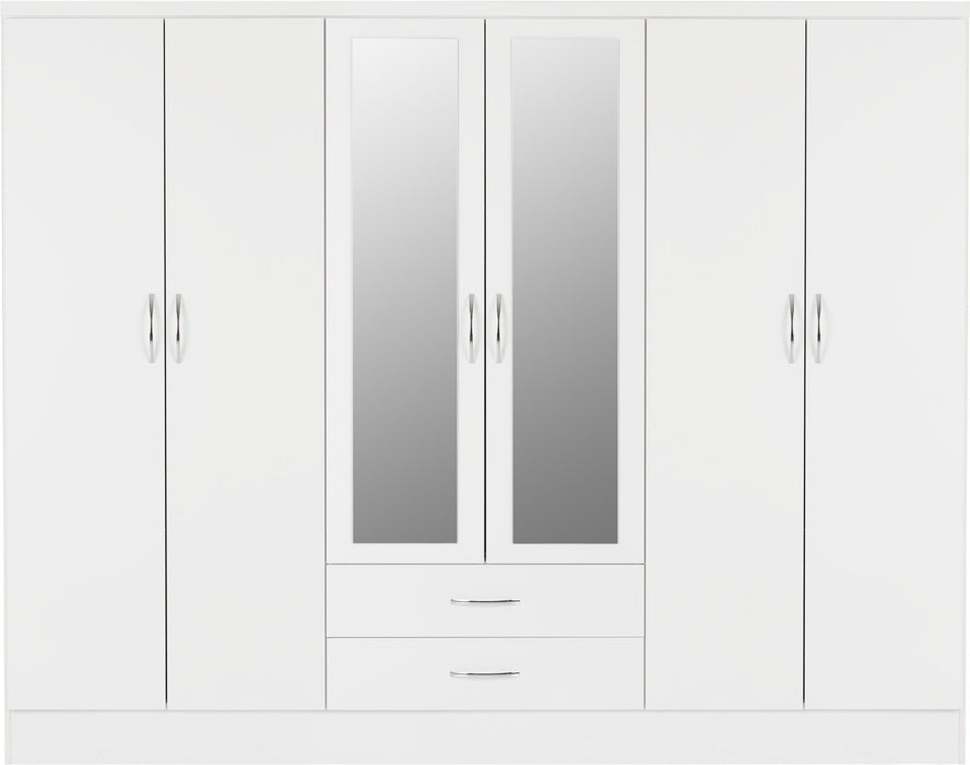 Nevada 6 Door 2 Drawer Mirrored Wardrobe – White Gloss